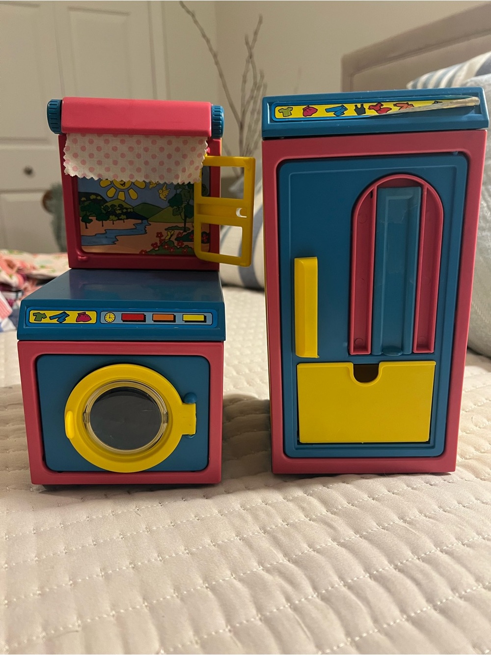 Kids Toy Kitchen Laundry Set - Blue, Pink & Yellow Pretend Play